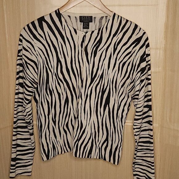 City Silk Zebra Print Silk Cardigan Sweater Large - Picture 1 of 5